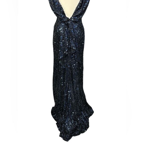 Mac Duggal 26331 Blue Cowl Back Boat Neck Sequined Evening Gown | Size 10 - Picture 8 of 12